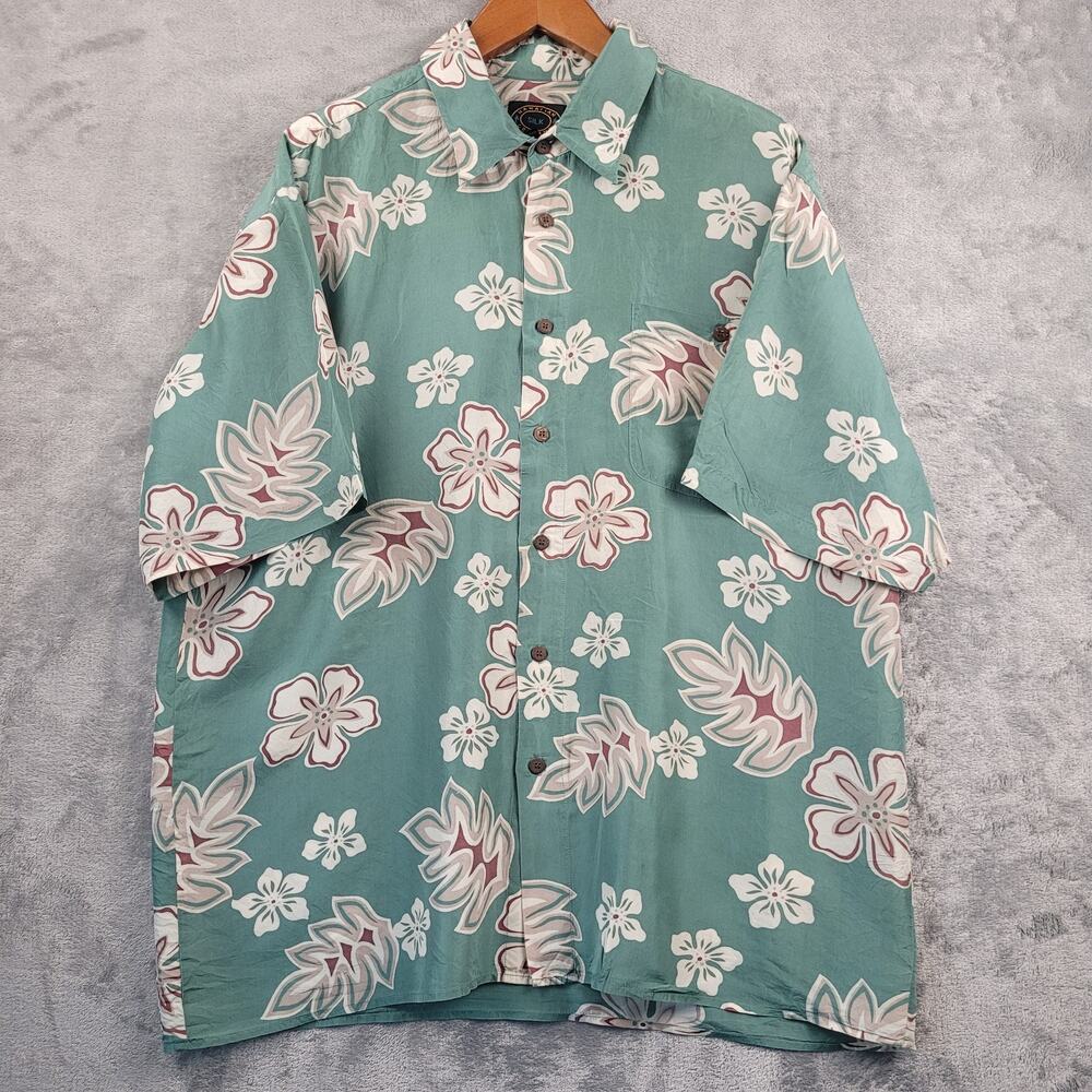 Hawaiian Silk Company Shirt Mens XL 100% Silk Floral Aloha Camp Sage Green